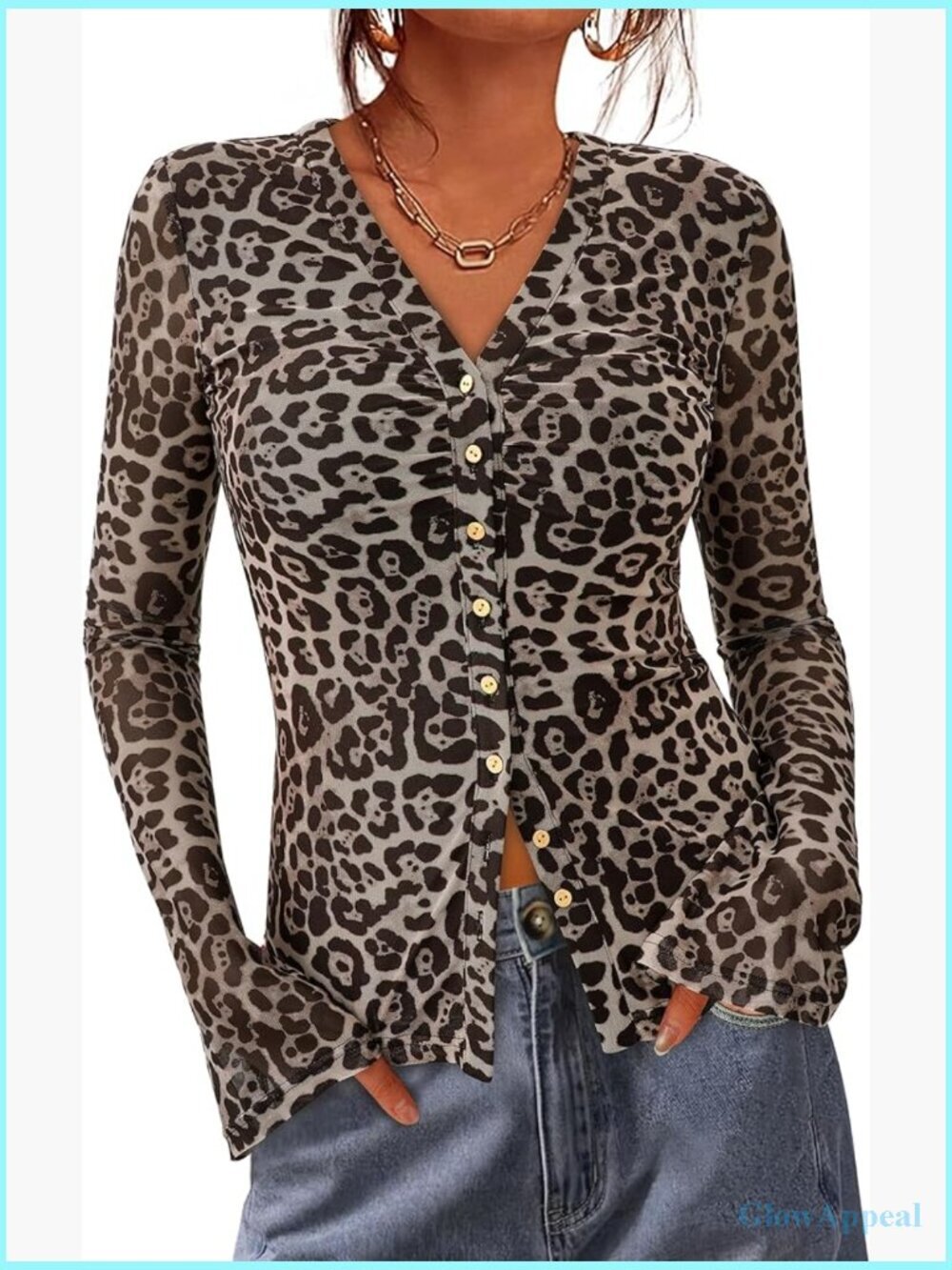 Boho Button Down Blouse V Neck Long Sleeve Ruched Mesh Fitted Top